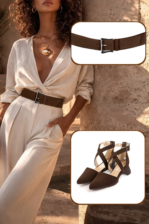 Dress heels closed-back crossed straps in dark brown leather with  and  - Top view